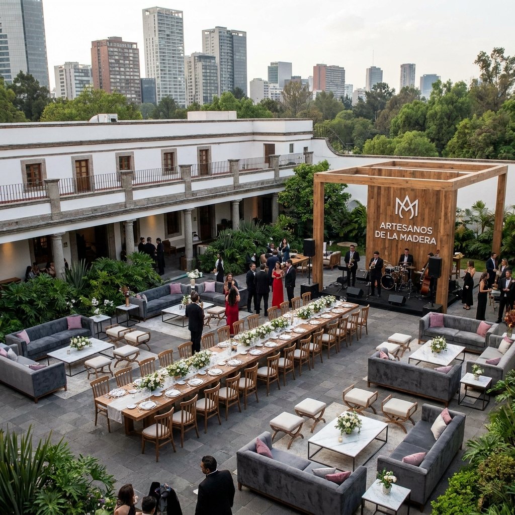 Sala lounge de diseño al atardecer, invitados conviviendo, luz cálida