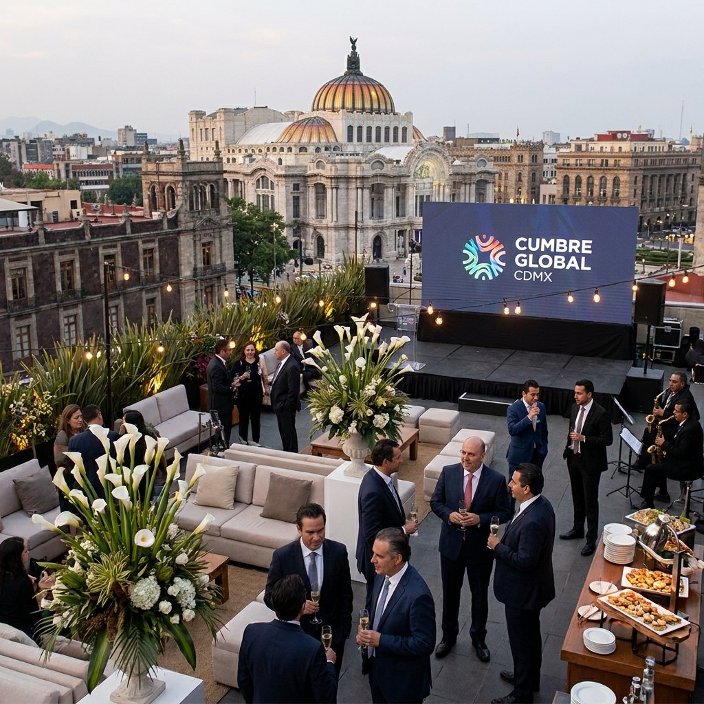 Mesa puesta al anochecer, velas encendidas, espacio listo antes de los invitados